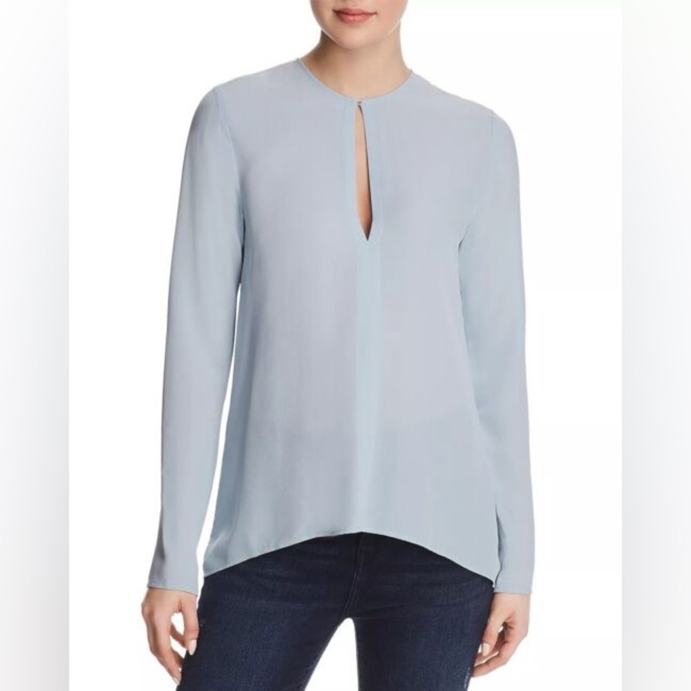 Theory Keyhole Slit Front Silk Tunic Blouse in Baby Blue